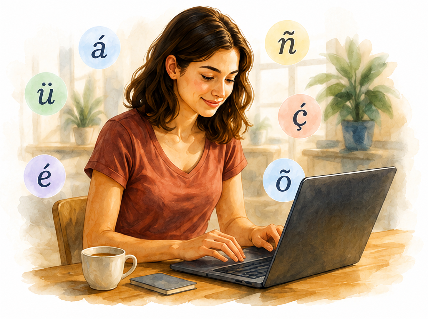 Woman typing accented characters on a laptop, with á, ñ, ü, ç, é, and õ floating around her