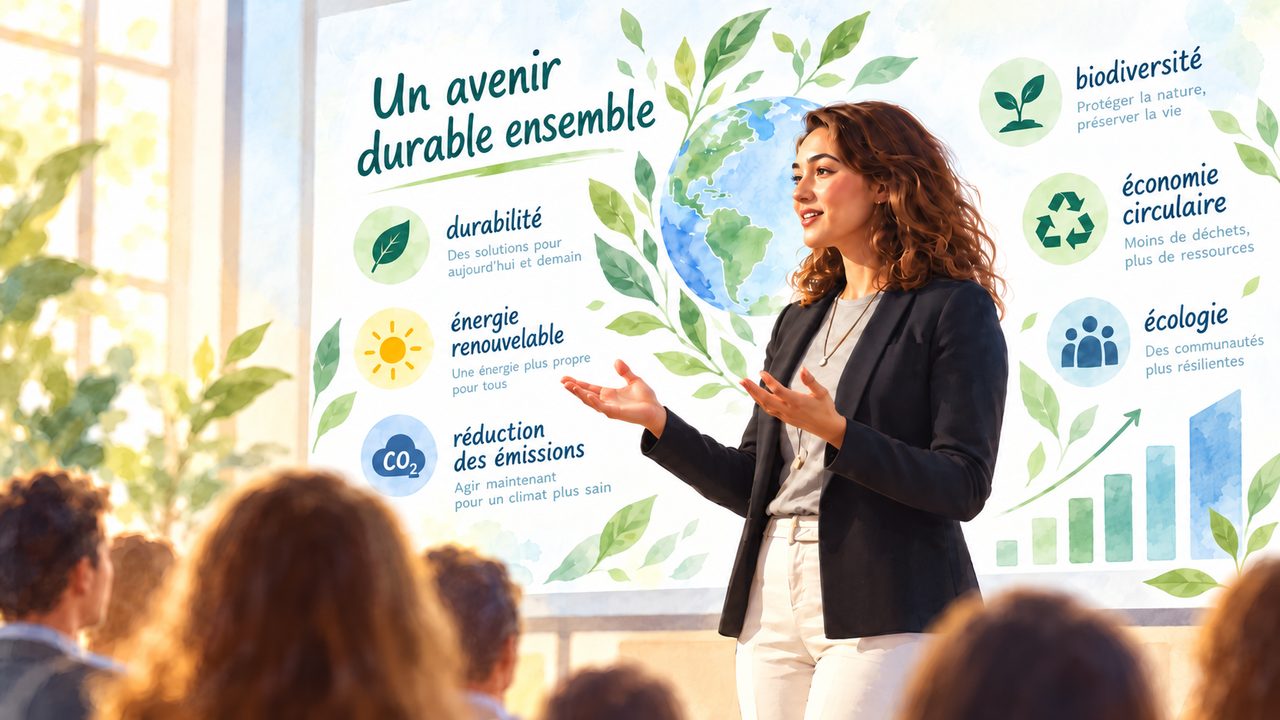 A presenter speaking to an audience in front of a French-language slide covered in accented words like durabilité, énergie renouvelable, and économie circulaire